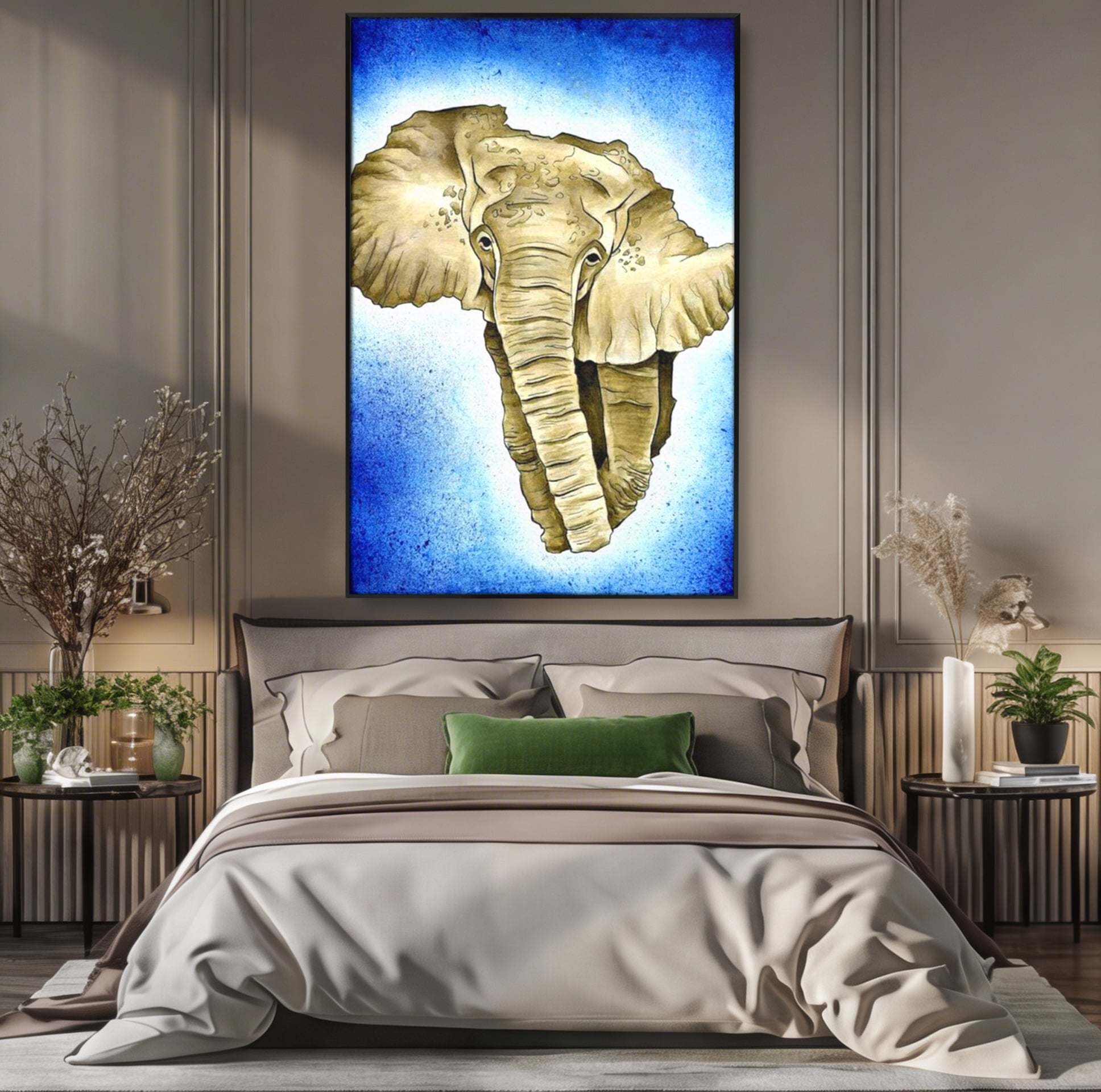 Tablou canvas cu tablou canvas cu cap de elefant, in rama de aluminiu negru, pe perete intr-un dormitor